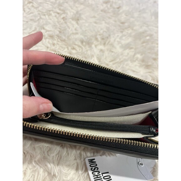 LOVE MOSCHINO Black Vegan Leather Gold Heart Studded Full Zip Wallet Red Inside - Picture 5 of 16